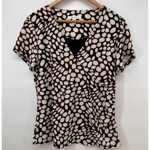 JM Collection Irregular Polka Dot Brown White Faux Wrap SZ M Blouse Top